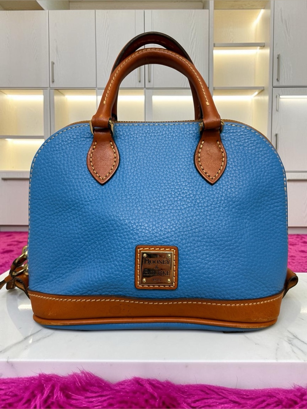Dooney & Bourke Pebble Leather Satchel in Sky Blue/Tan - Picture 2 of 11